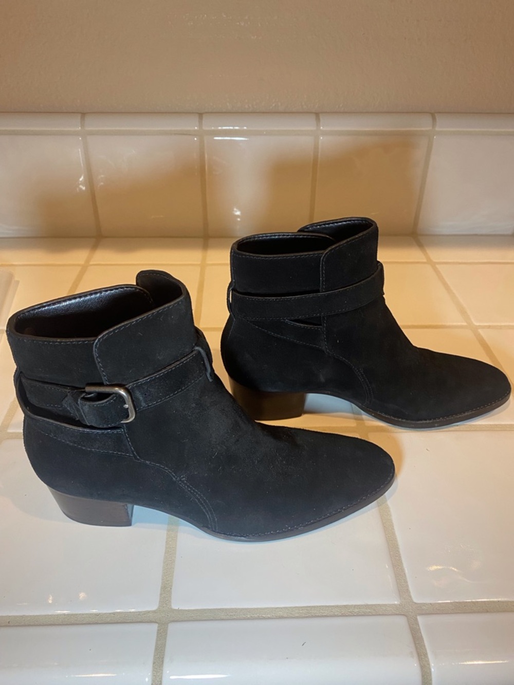 Marc Fisher Black Suede Ankle Booties with Buckle Strap
